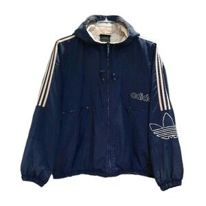 VTG 90s ADIDAS Spell Out Hooded Jacket Navy Blue Trefoil Logo Puffer Full-zip XL